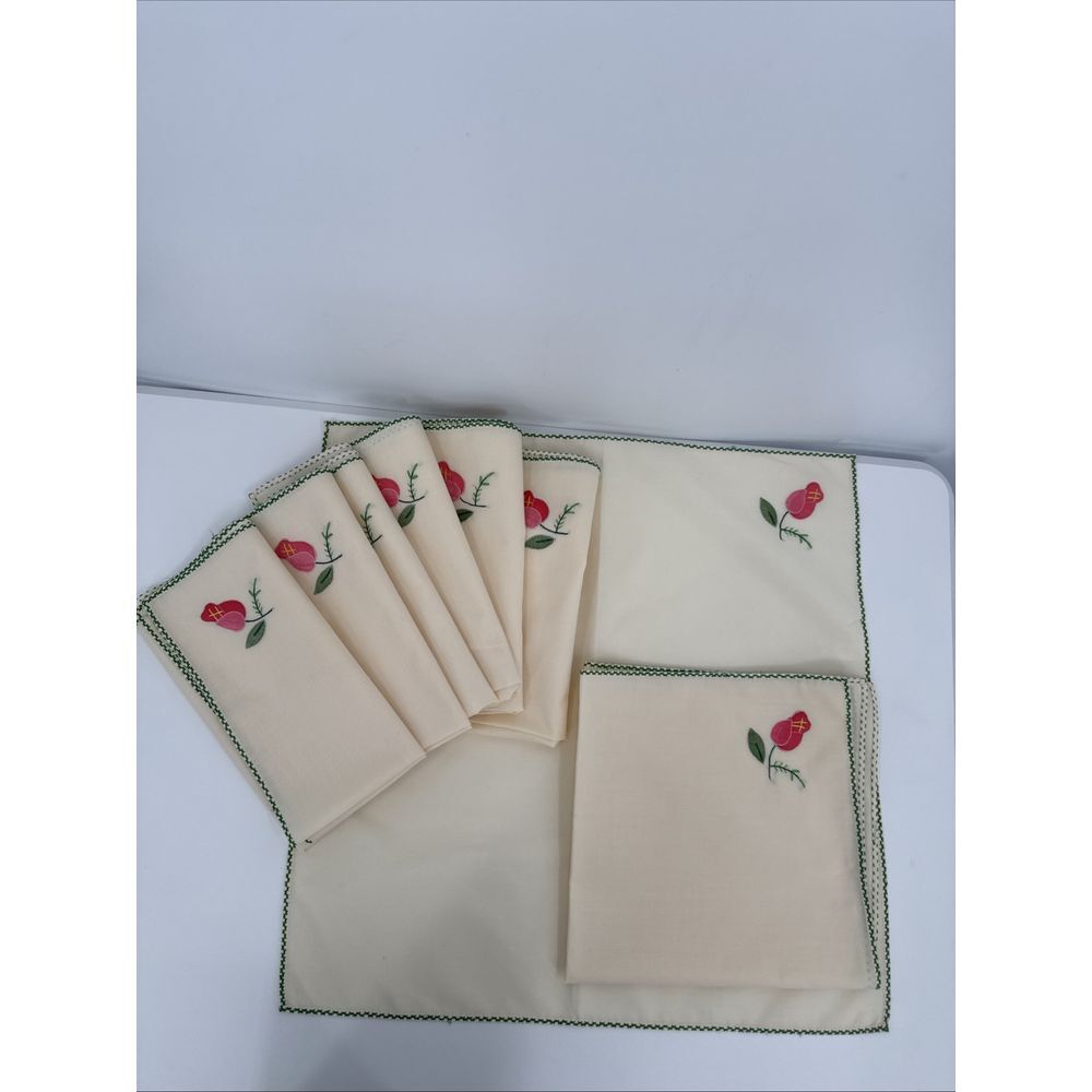 8 Vintage‎ Cream Green Cotton Dinner Napkins, Applique Embroidered Pink Flowers